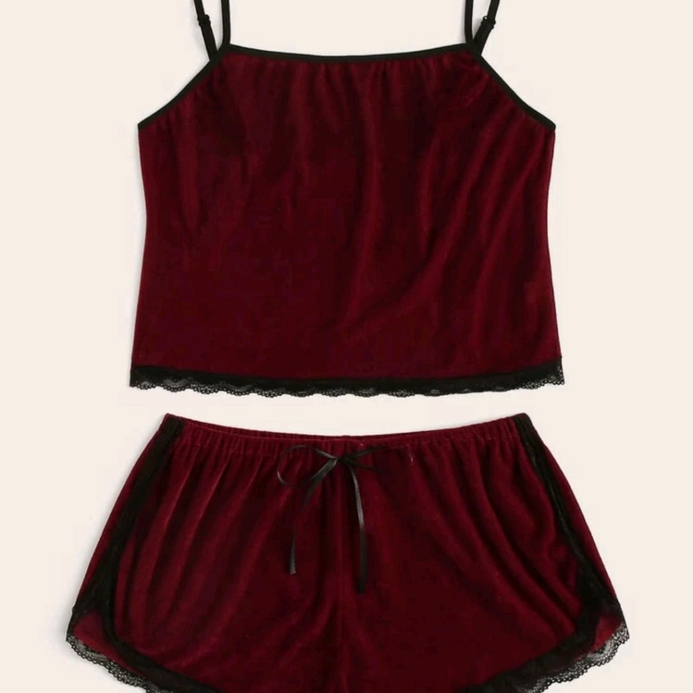 Burgundy velvet and lace sleep set